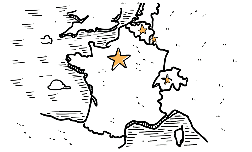 Zone d'activité représenté par une carte avec la France, la Suisse, le Luxembourg et la Belgique